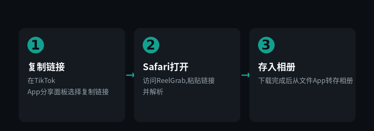 iPhone 保存无水印 TikTok 视频三步流程示意图